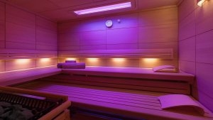 foto sauna mit roten rosa und lila lichtern alles aus holz mit kissen und holzablagen für den kopf vorne sieht man die schale mit heissen steinen im luxuriösen hochklassigen exklusiven designer hotel santa marina auf mykonos in griechenland europa